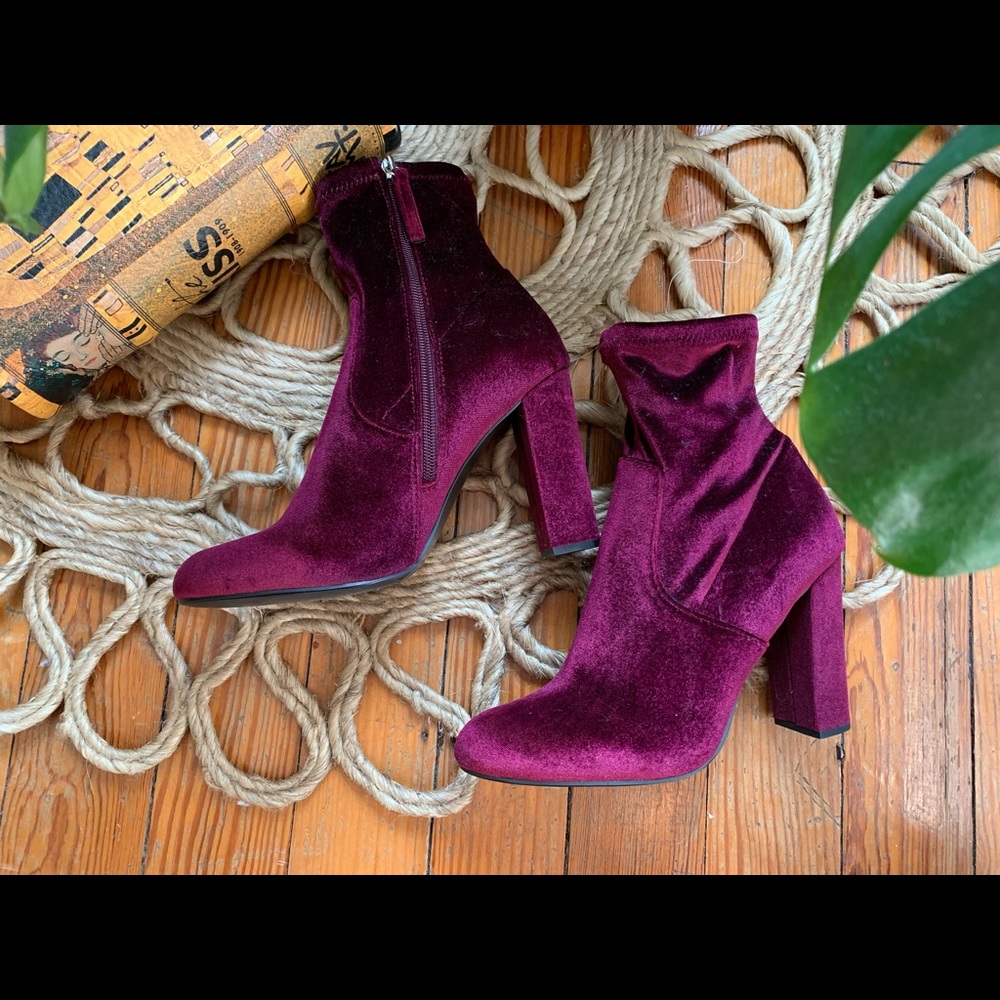 Velvet Block Heel Ankle Boots - Wine Purple